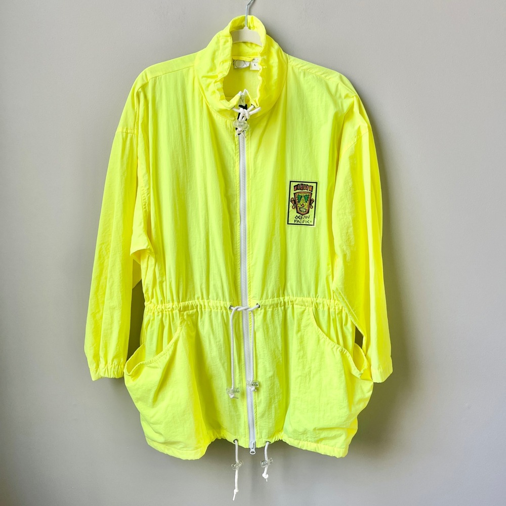 Vintage Ocean Pacific Windbreaker Jacket Women's Large Neon Yellow Tiki Surf OP
